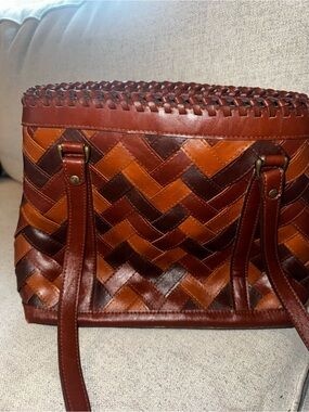 Woven Two Tone Brown Leather Purse Shoulder Bag